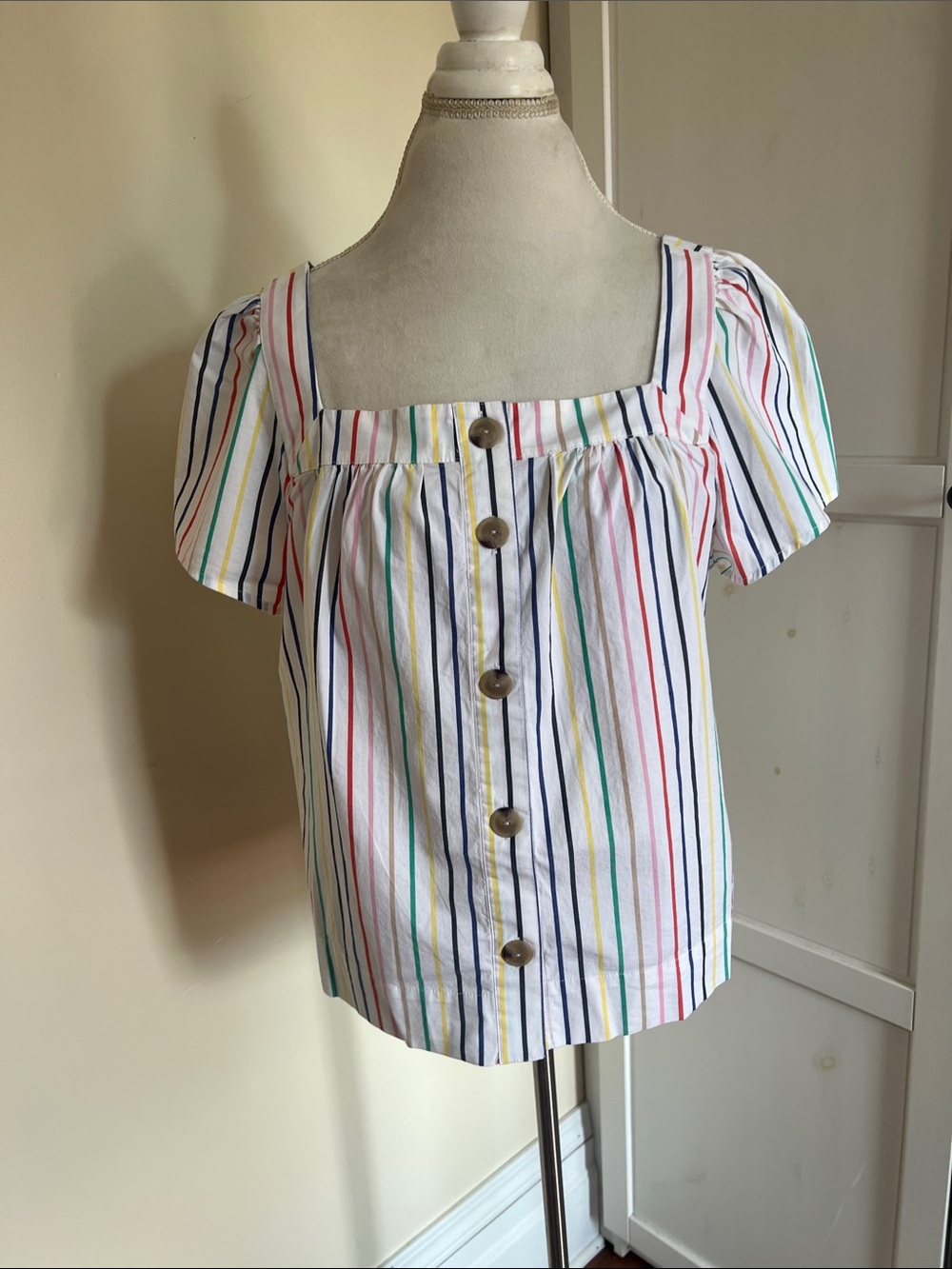 J. Crew Factory Rainbow Multi Color Stripe Square Neck Button Front Top NWT L - Picture 2 of 8